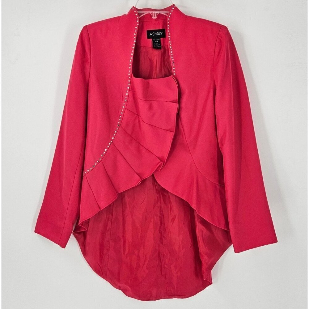 Ashro Women Pink Sz 8 Pleated Fan Designed Lapel Hi Low Hem Blazer Silver Studs